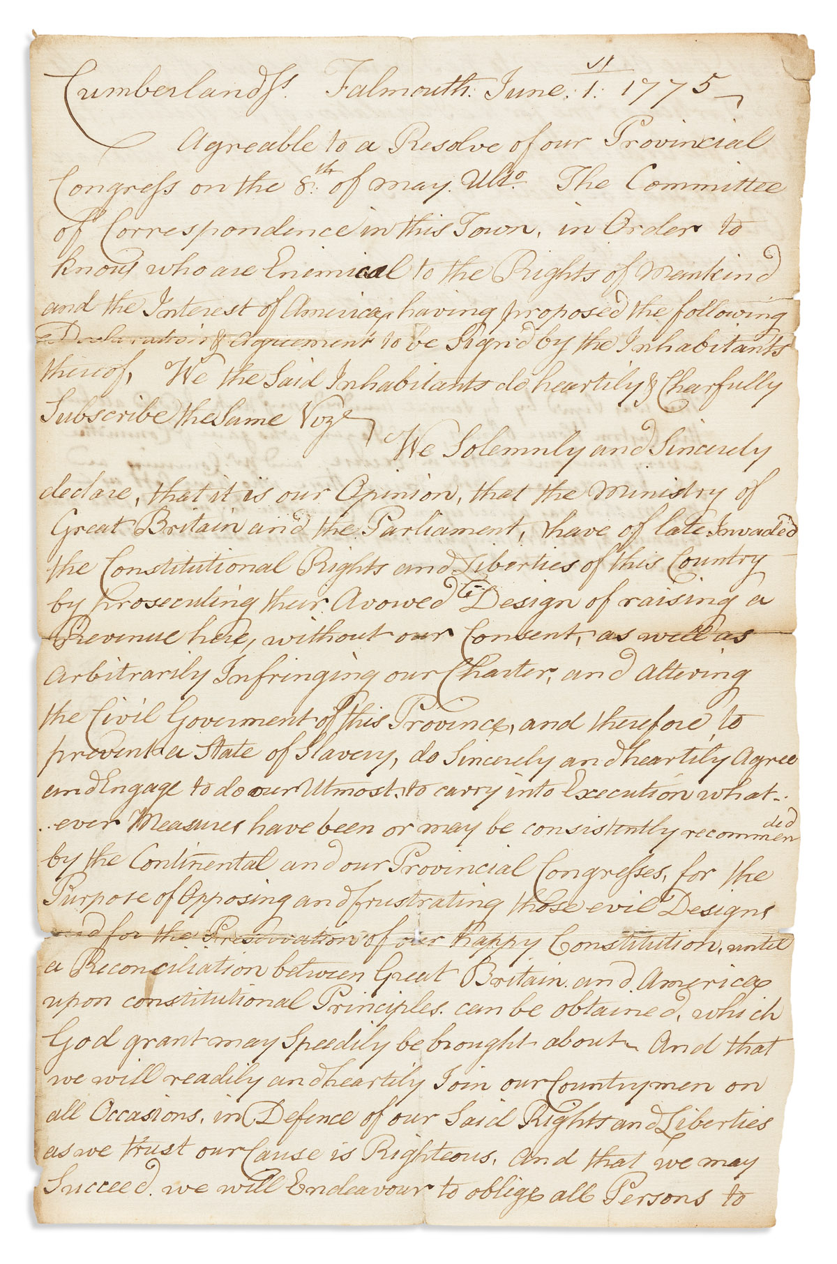 (AMERICAN REVOLUTION--1775.) Loyalty petition from what is now Portland, Maine.